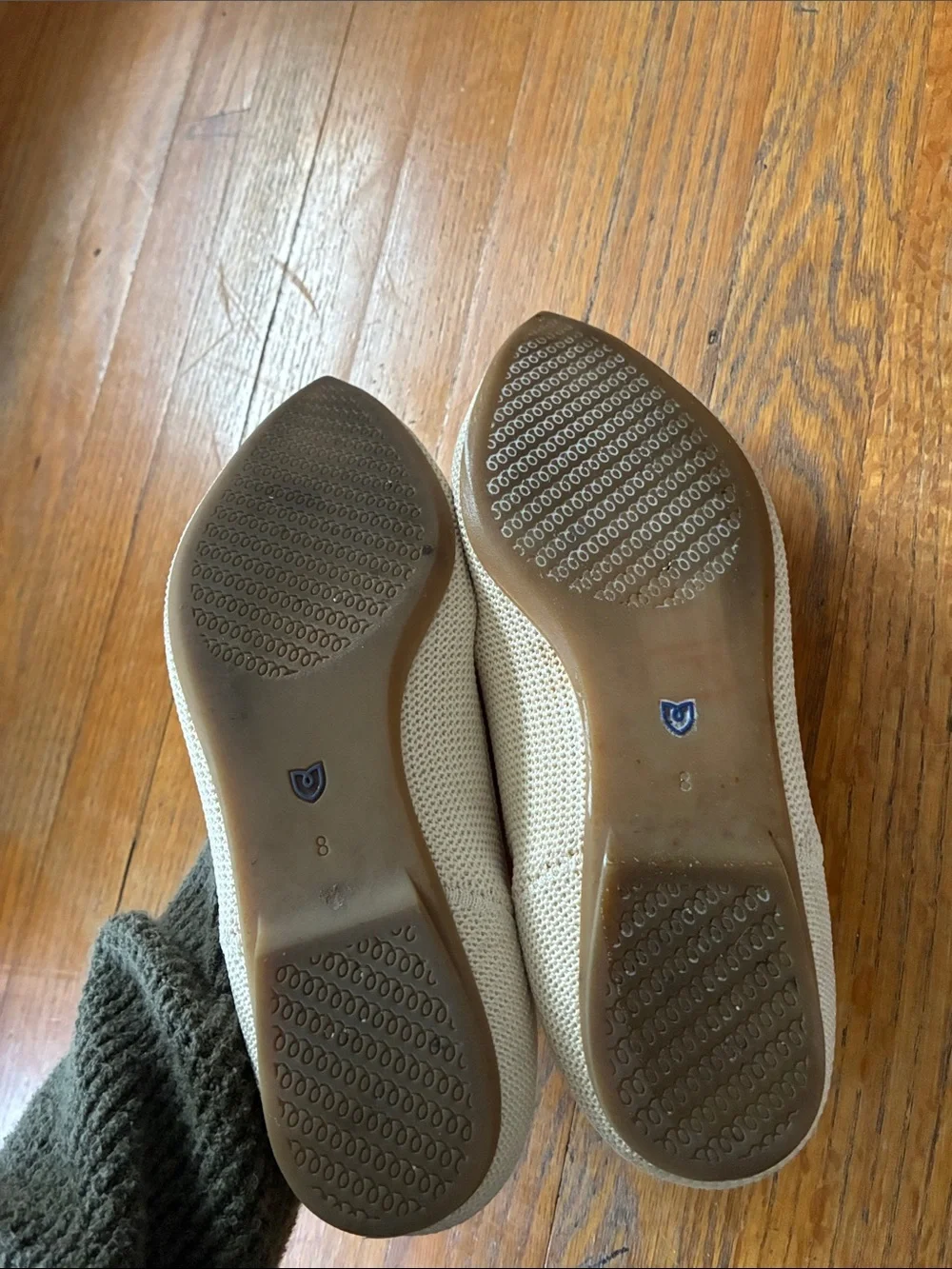 Rothy's Pointed Knit Flats in Cream with Blue Trim